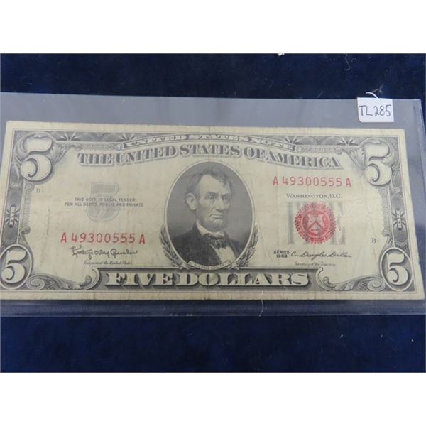 USA 1963 US $5 Note with Red Seal