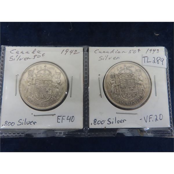 Canada 1942 E.F. 40 + 1943 VF 20 Half's .800 Silver