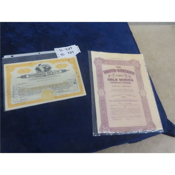 South Eastern Gold Mining Co Shares Certificate VF & National Tea Co. May 15, 1928 Stock Certificate
