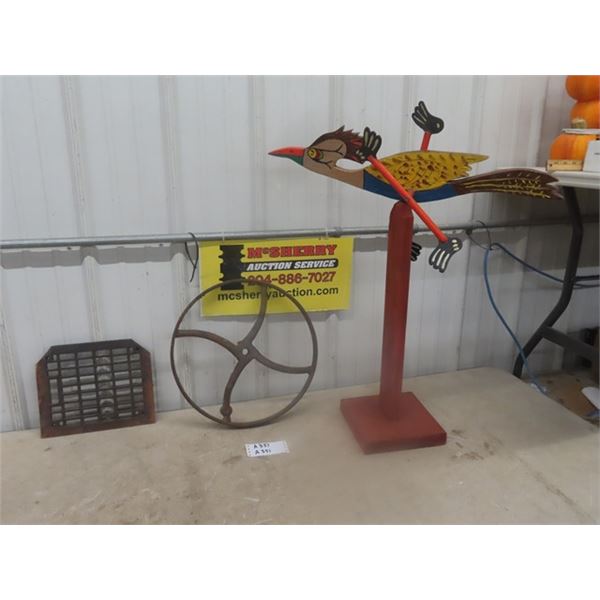Wooden Wirly Gig Bird, Floor Register Cover, Pulley Wheel