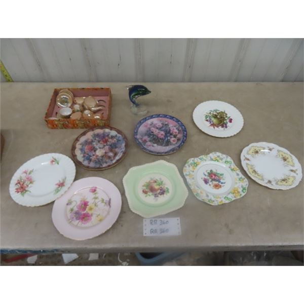 8 China Plates ; couple are Royal Albert, Children's Tea Set, Glass Dolphin