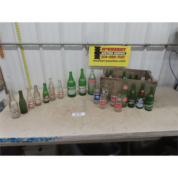 25 Old Pop Bottles with Faded Wynola Crate ; Stubby, Wishing Well, Sun Crest plus more