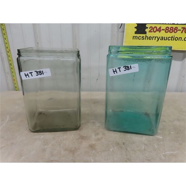 2 Old Glass Embossed Battery Jars