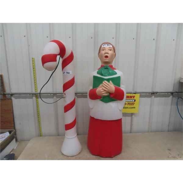 2 Vintage Blow Molds; Candy Cane, Singing Boy 40" Tall