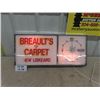 Image 1 : Breault's Carpet Light Up Sign/Clock- Metal Case + Plastic Faces 3" x 12" x 27"