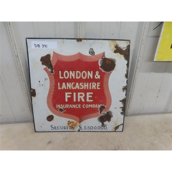 London + Lancashire Fire Insurance Porcelain Sign 14.5" x 14.5"