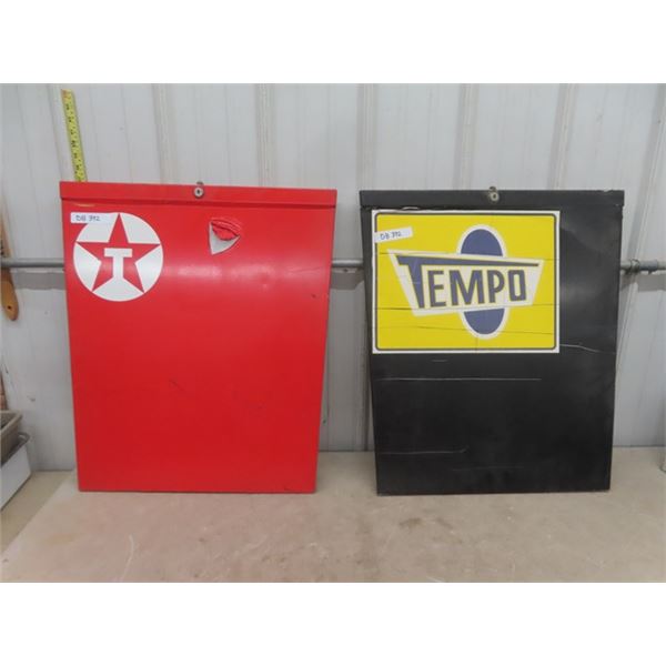 2 Gas Bowser Metal Panel Signs ; Texaco + Tempo 24" x 28"