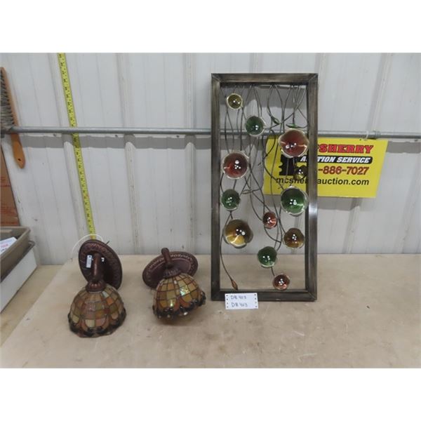 2 Stained Glass Wall Light Fixtures & Metal Wall Art 14" x 30"