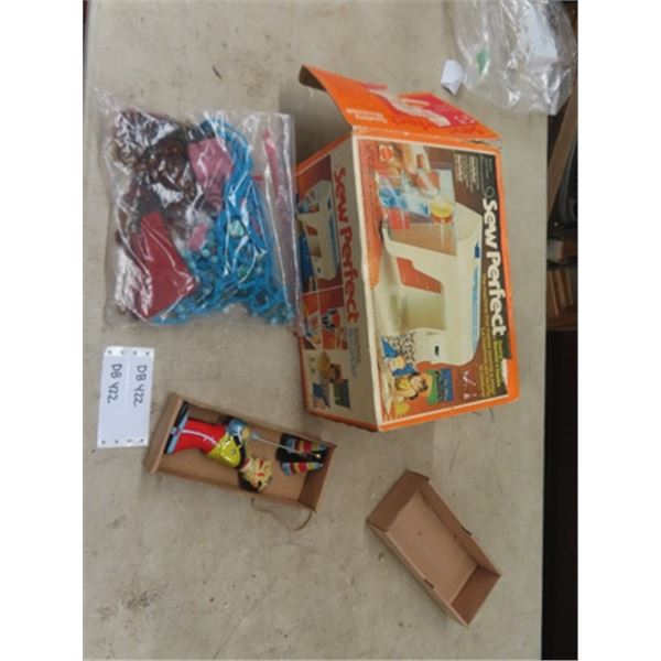 Sew Perfect Toy Sewing Machine, Wind Up Toy, Beaded Cloth