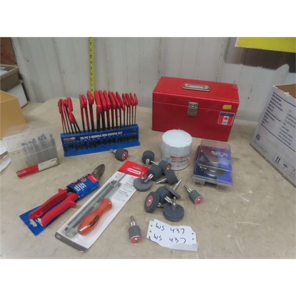 Metal Tool Box with ; 20 T Handle Hex Set, Drive Bits, Sharpeners, Tin Snips plus more