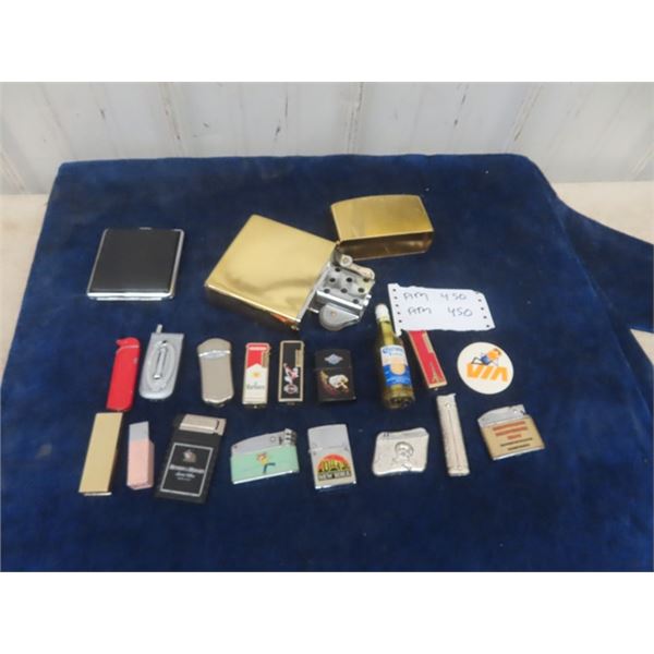 17 Lighters + Cigarette Containers ; Zippo, New York, Fashion Shop Wpg, Extra Large Lighter, plus mo