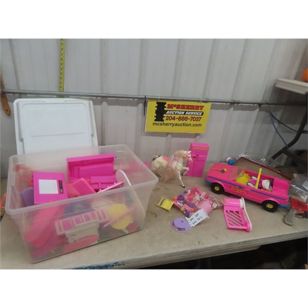 Barbie Accessories; Horse, Doll House Furniture, Car plus more with Storage Bin