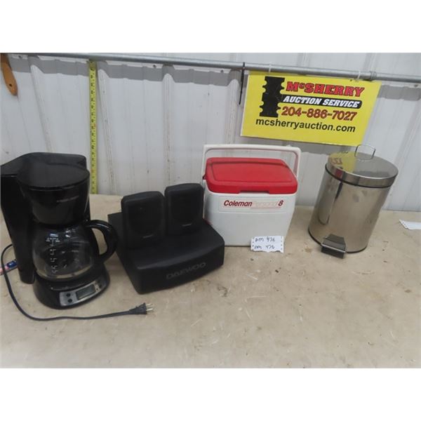 B+P Coffee Machine, Daewoo Speaker, Coleman Cooler, Stainless Steel Garbage Can