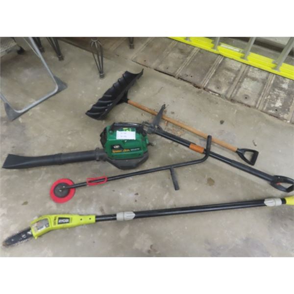 Weed Eater Gas Blower, Ryobi Electric Branch Cutter, Lawn Edger, Dan D Lion Picker, Shovel