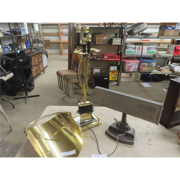 Vintage Heavy Table/Desk Lamp , Brass Tone Fireplace Tools, Wood Holder