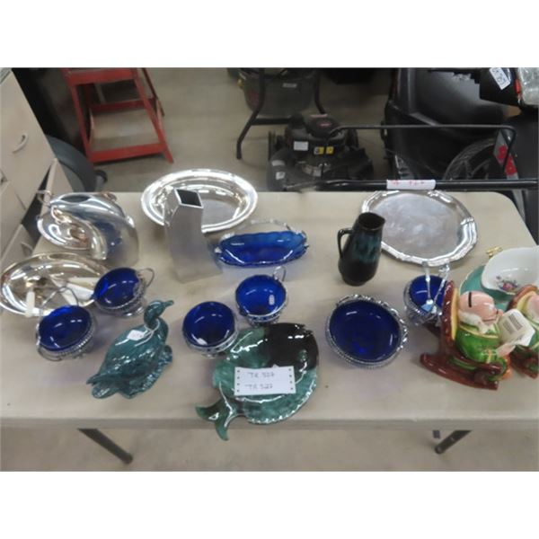Silverplated Items, Cobalt Glassware, Blue Mountain Fish, 2 Ceramic Banks