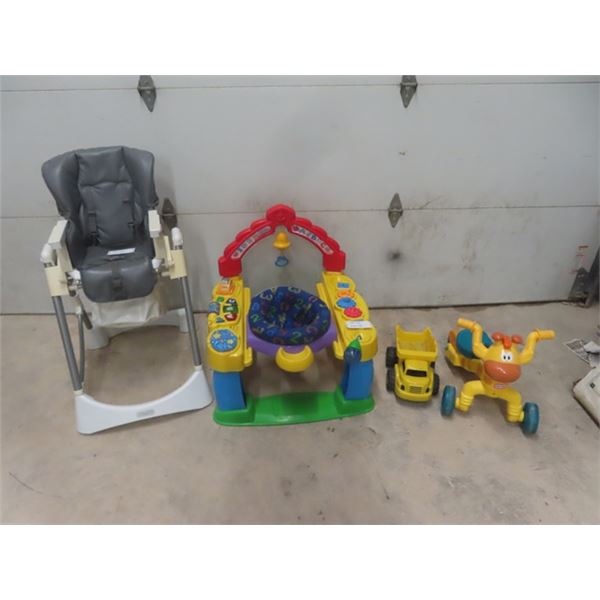 Baby Items; High Chair, Entertainment Center, Ride on Toy + Dump Truck