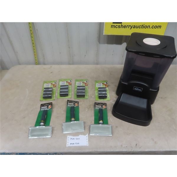 Automatic Pet Food Dispenser , 3 Animal Combs, 4 Packs of Doggie Poop Bags