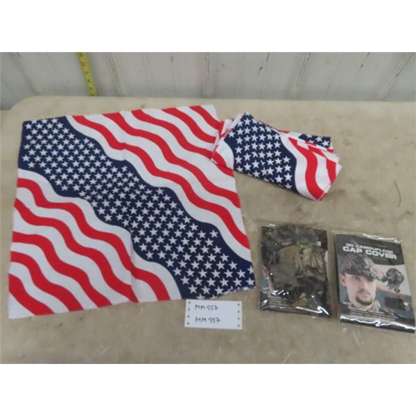 12 American Flag Place Mats/Handkerchiefs?; 2 Camouflage Cap Covers - All New