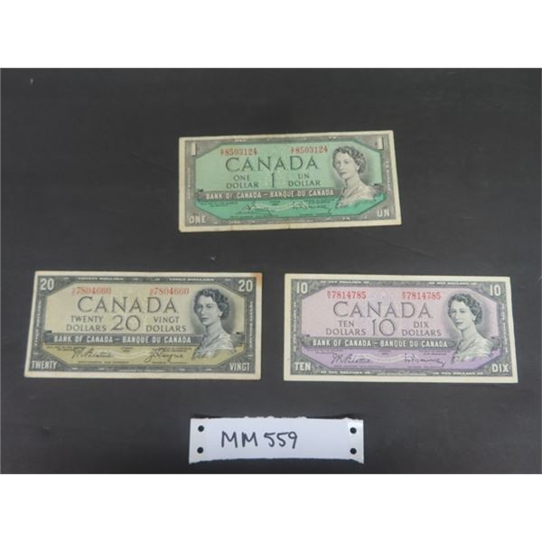 1954 Canadian ; $1 + $10 + $20  Paper Bills