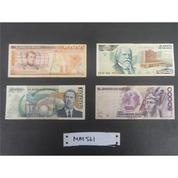 4 Assorted Mexican Paper Bills ; 2000, 5000, 10 000, 50 000, Pesos