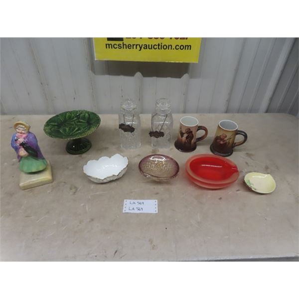 Lot of China + Glassware; Decanters, Mugs, Statue plus more