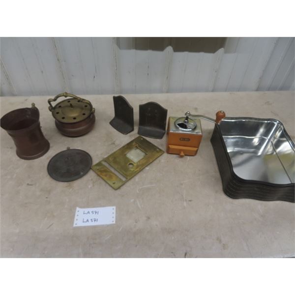 Brass Mail Box Door, Bookends, Pepper Mill, Hammered Copper Mug + Pot