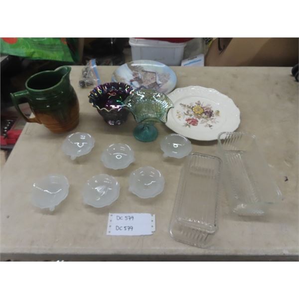 2 Refrigerator Jars, 2 Plates, Majolica Jug, 2 Candy Dishes, 6 Cups