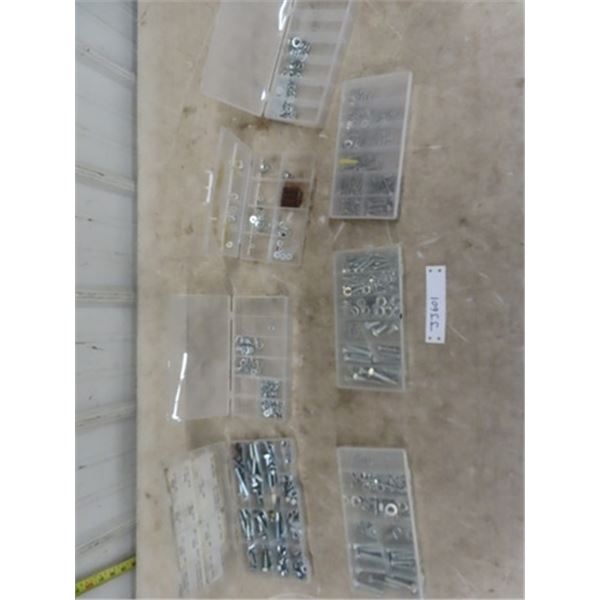 7 Plastic Parts Bins with Assorted Bolts, Washers + Nuts