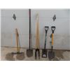 Image 1 : 5 Assorted Yard Tools; Post Hole Digger, 3 Spades Pick Axe