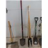 Image 4 : 5 Assorted Yard Tools; Post Hole Digger, 3 Spades Pick Axe
