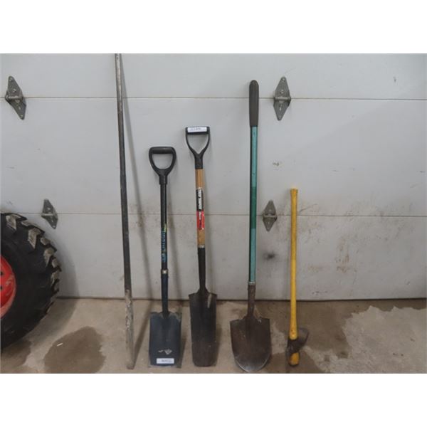 Lot of 5 Yard Tools ; Spades, Pick Axe, Pry Bar