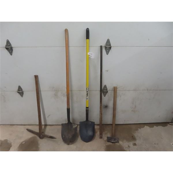 5 Assorted Yard Tools ; 2 Spades, Sledge Hammer, Prybar, Pick Axe