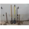 Image 1 : 5 Assorted Yard Tools ; 2 Spades, Sledge Hammer, Prybar, Pick Axe