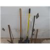 Image 4 : 5 Assorted Yard Tools ; 2 Spades, Sledge Hammer, Prybar, Pick Axe