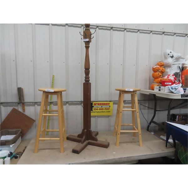 2 Wooden 28" Stools + Wooden Coat Rack 60"