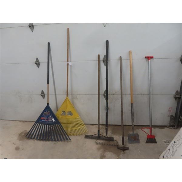 Assorted Yard Tools ; Rakes, Hoe, Scrapers plus more
