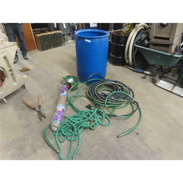 Blue Poly 55 Gal Barrel with Garden Hose, Garden Snips, Seed Separator, Burlap