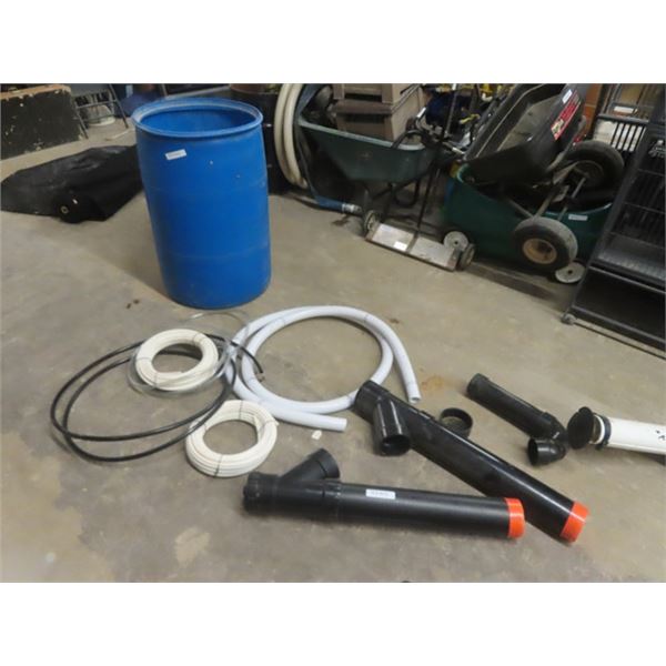 55 Gal Poly Barrel with Black PVC Sewer Pipe, 1 1/2" Shure Flex Hose plus more