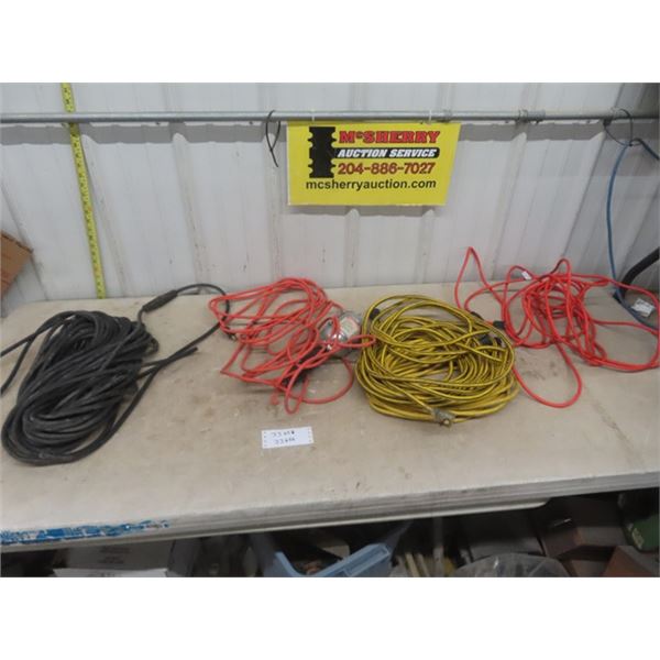 3 Various Length Extension Cords & Trouble Light