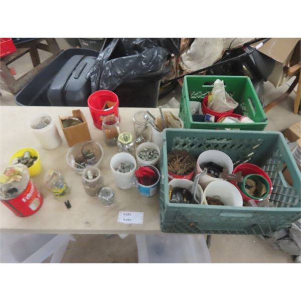 2 Milk Crates with Nails, Screws, Wall Plugs, Hose Clamps + Other Hardware