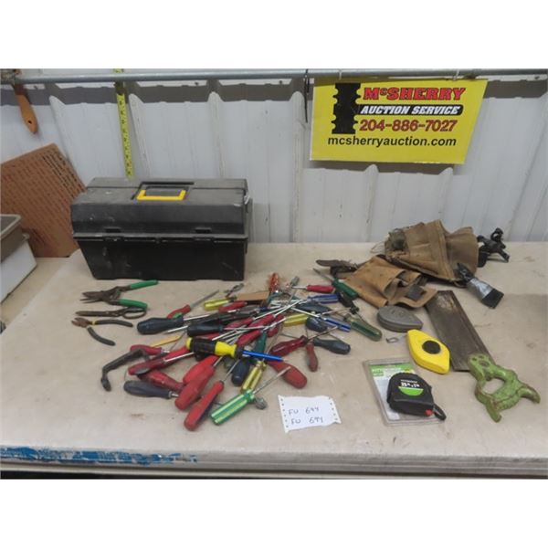 Tool Box, Carpenter Belt, New Tape Measure, Screwdrivers plus more