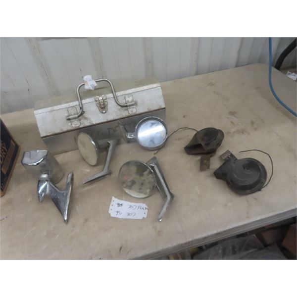 Metal Tool Box , Vintage Auto Mirrors + Horn