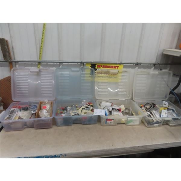 4 Poly Containers Full of Electrical Switches, Connectors, Merets plus more