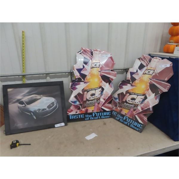2 Metal Budweiser Signs & Jaguar Car Picture 21" x 31"