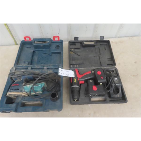Bosh Power Sander with Case, TMT 18V Drill with Charger, Case + 1 Battery