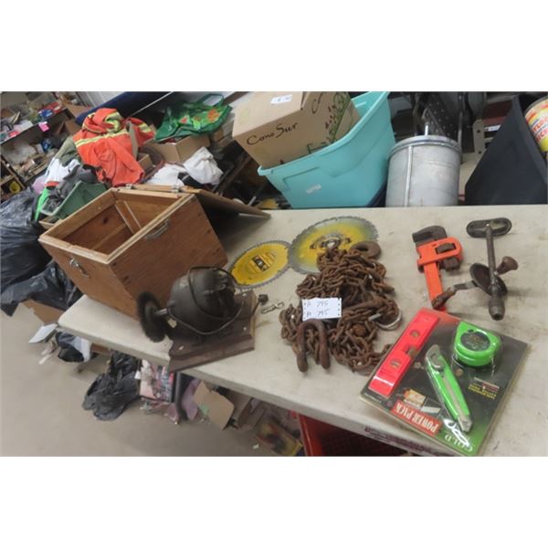 Wooden Box, Electric Motor with Wire Wheel, Pipe Wrench, Chain, Saw Blades, Chain Hooks plus more