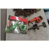 Image 2 : Wooden Box, Electric Motor with Wire Wheel, Pipe Wrench, Chain, Saw Blades, Chain Hooks plus more