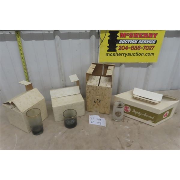 New Old Stock Glass 3 x 4 Glasses with Box + Curling Display & 6 Safety Award Glasses with Box