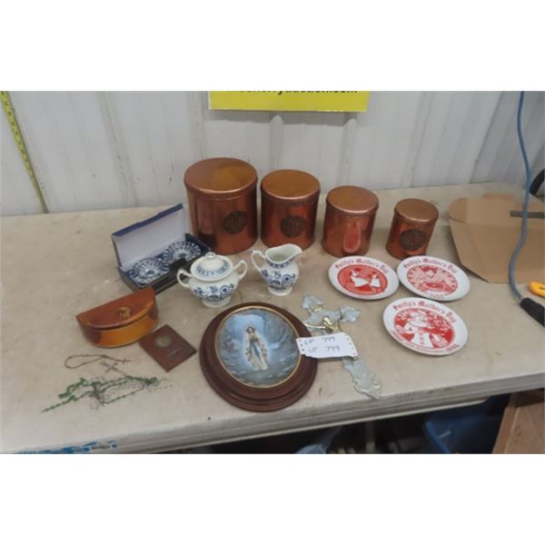 Copper Cannister Set, Religious Display + Necklace, Crystal Candle Holder, Collector Smitty's Plates